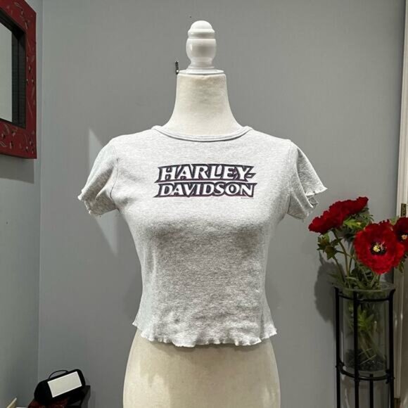 NEW Harley Davidson Vintage 90s Cropped Ruffle Flutter Babydoll Tee T Shirt Top - Picture 9 of 13